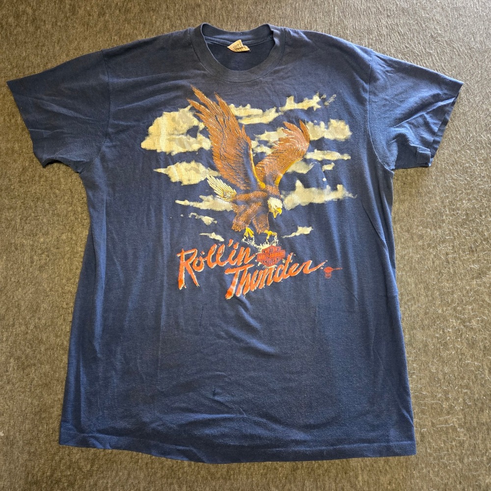 Vintage 1985 Harley-Davidson Rollin Thunder T Shirt Mens XL Blue Eagle USA